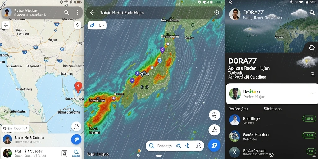 Tampilan aplikasi DORA77 dengan antarmuka radar hujan yang informatif.